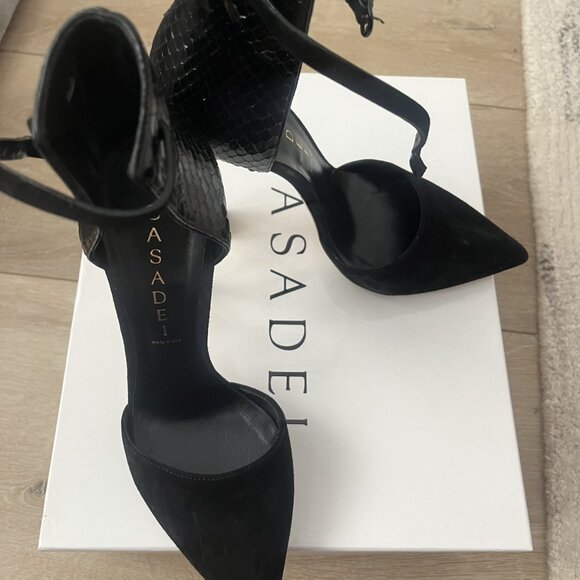 Casadei Pump Ankle Wrap Black Suede Leather Gold Heel - Picture 5 of 7